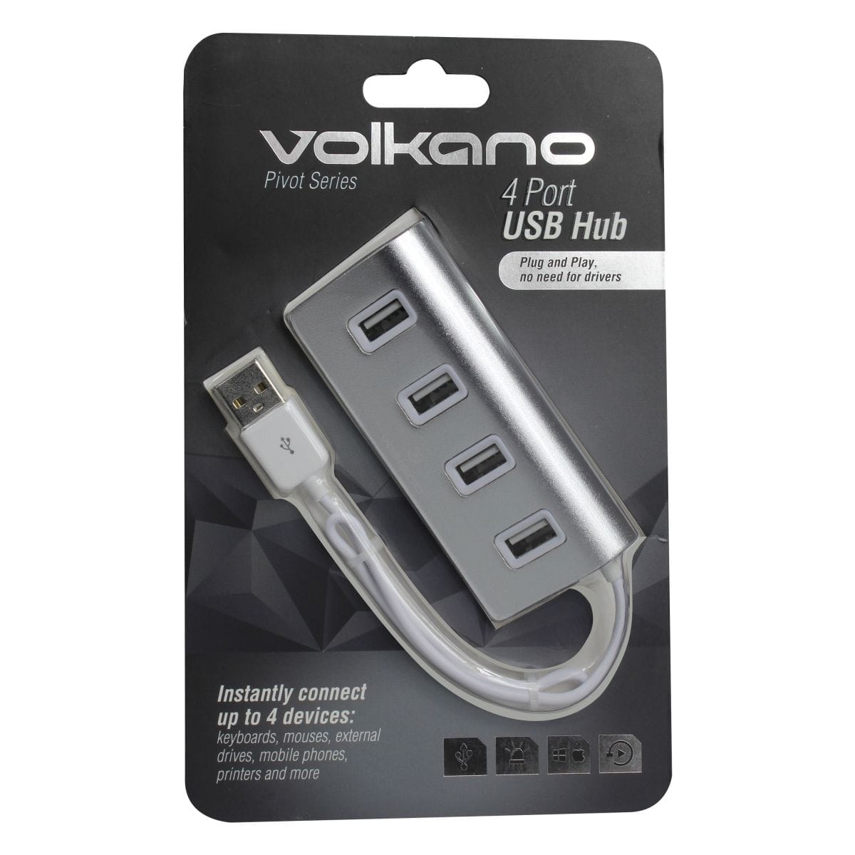 VOLKANO PIVOT SERIES 4 PORT USB HUB SILVER