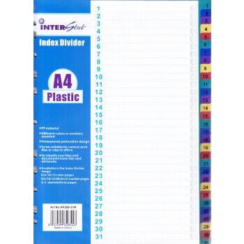 A4 PVC File Divider Index 1 - 31 Tab (Colour)