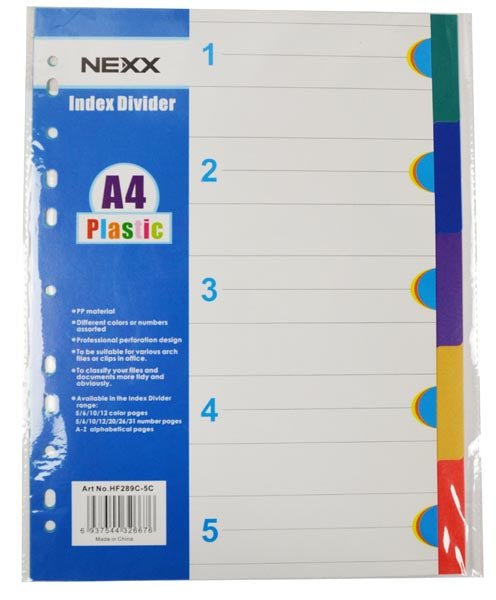 A4 PVC File Divider Index 5 Tab (Colour)