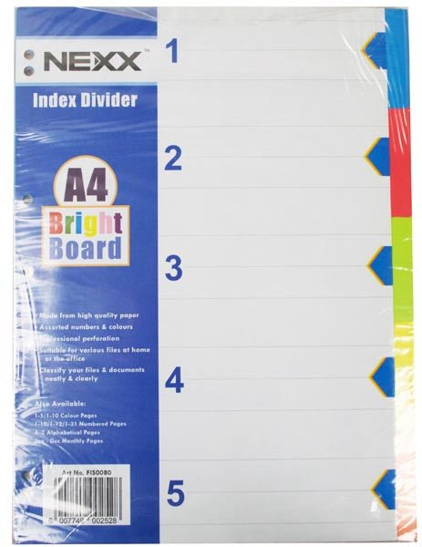 A4 Bright Board File Divider Index 5 Tab (Colour)