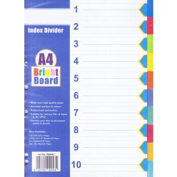 A4 Bright Board File Divider Index 10 Tab (Colour)