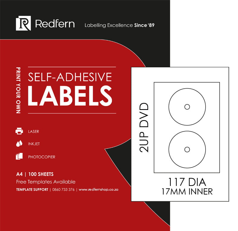 Redfern White DVD Laser Label 2UP - 117mm Dia (100 Sheets)