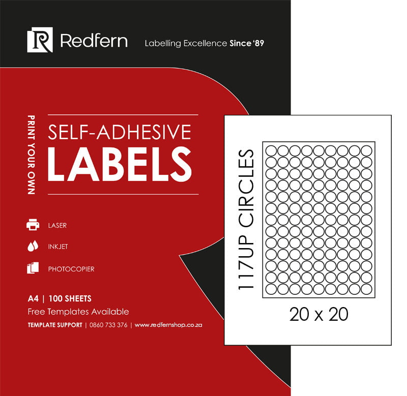 Redfern White Laser Label 117UP - 20mm Dia (100 Sheets)