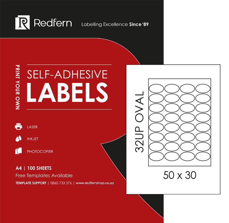 Redfern White Laser Label 32UP - 50 x 30mm Oval (100 Sheets)