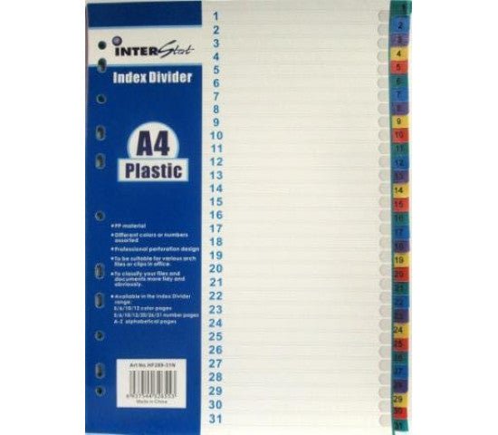 A4 PVC Divider Index (Numbered 1-31)