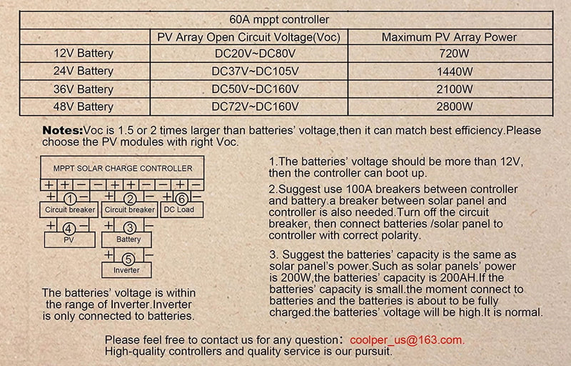 MPPT Solar Charge Controller - Progammable - 60A, 20V - 160V PV, 12V - 48V Battery