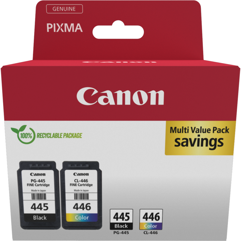 canon-pg-445-cl-446-bk-c-m-y-ink-cartridge-multipack-product-front-view_w1500bgwhitefmtjpg.png Canon PG-445/CL-446 - Ink Multipack (Black & Tri-Colour) - Original - Image 1