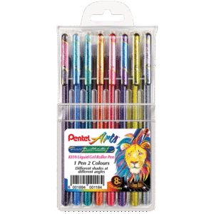 Pentel Hybrid Gel Dual-Metallic Roller Pen Set - Wallet of 8