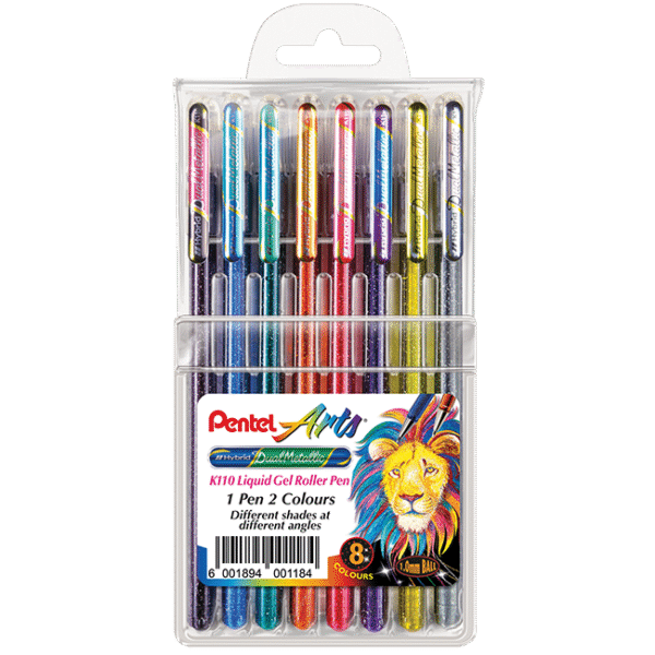 Pentel Hybrid Gel Dual-Metallic Roller Pen Set - Wallet of 8