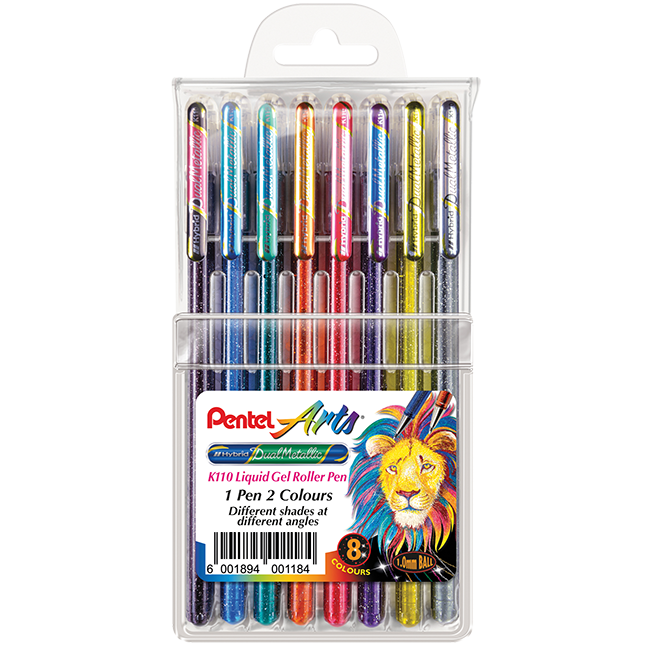 Pentel Hybrid Gel Dual-Metallic Roller Pen Set - Wallet of 8 - Image 1