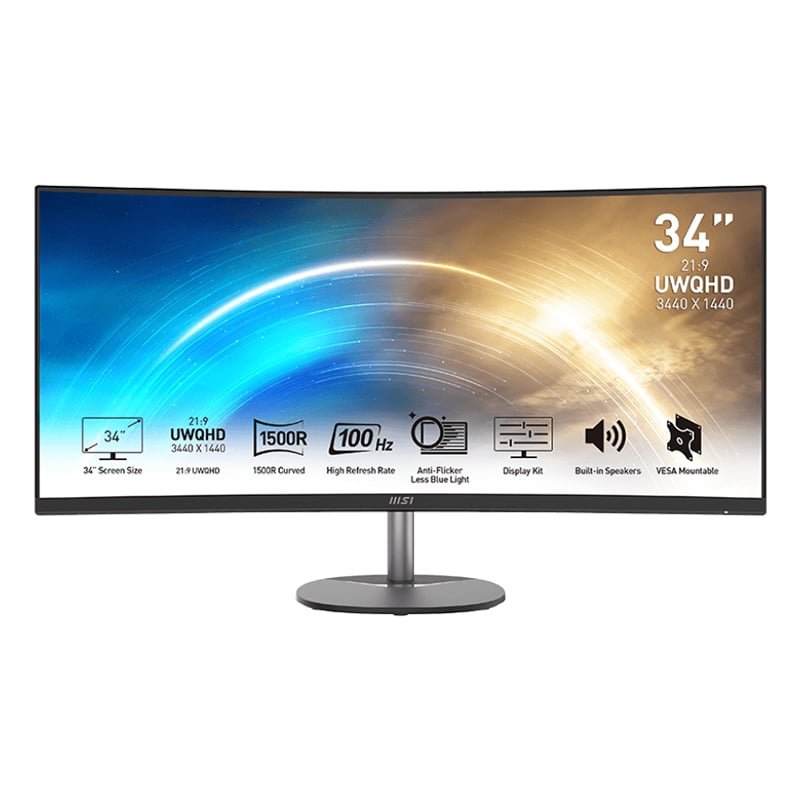 PROMP341CQW_wr_01 MSI PRO MP341CQ 34″ VA Ultrawide Curved Pro Monitor (1500R, 3440x1440, 1ms, 100Hz) - Image 1