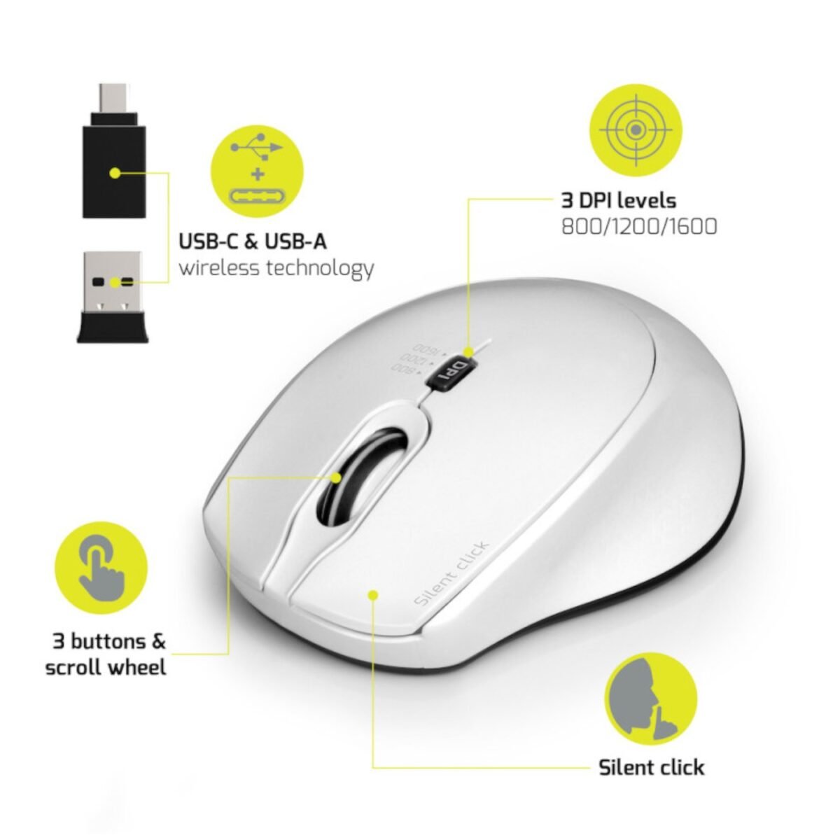 Port_900714_wr_03b Port Connect Silent 1600DPI 3 Button Wireless Mouse - White - Image 3